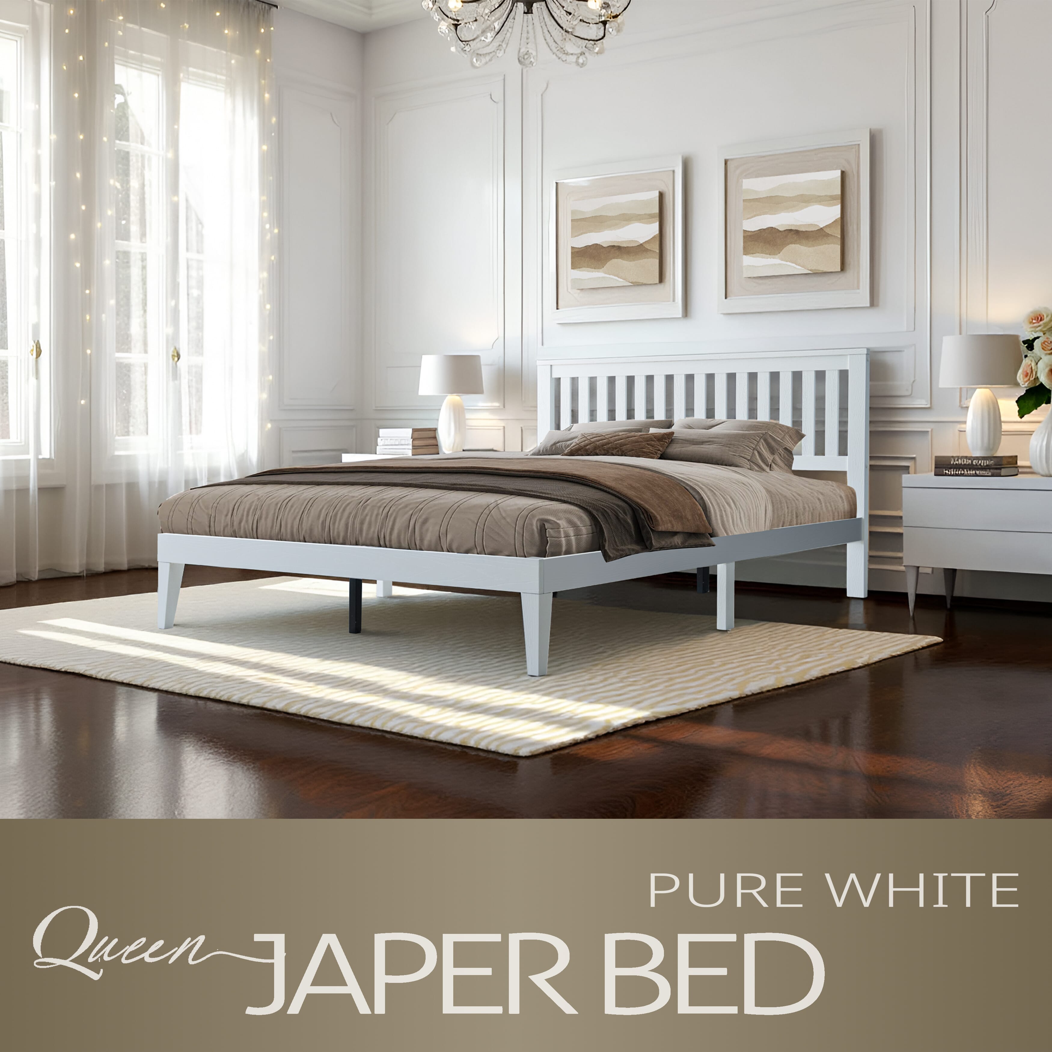 Queen Size Solid Wood Platform Bed Frame with Headboard & Footboard, Metal Legs with 12 Sturdy Slatted Structure, Easy Assembly, No Box Spring Needed, Anti-Noise & Slip-Free, Pure White Finish, JPQ-39