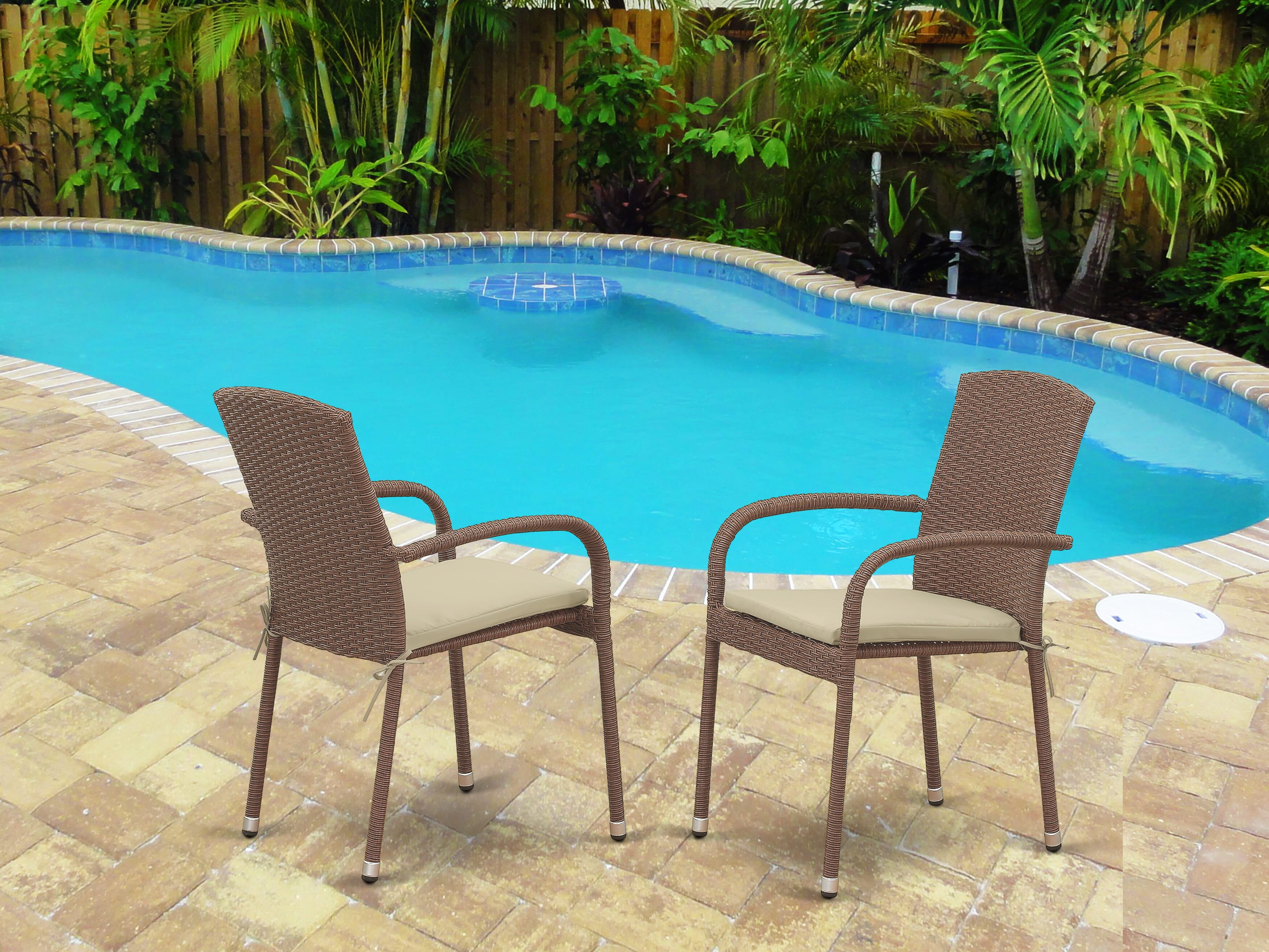 JULC102A JUBI PATIO CHAIR WITH CUSHION, BROWN WICKER, AND BEIGE CUSHION - Set of 2