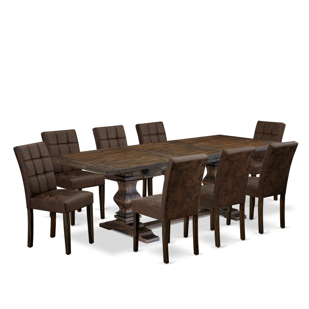 East West Furniture LAAS9-07-T25 9 Piece Table Set consists A Wood Dining Table and 8 Black Textured
Faux Leather Parson Dining Chairs, Distressed Jacobean