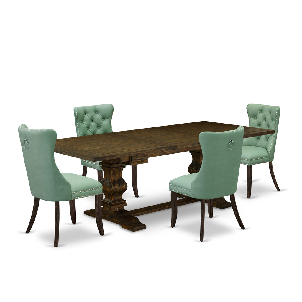 East West Furniture LADA5-07-T22 5 Piece Dining Table Set Contains a Rectangle Wooden Table with Removable leaf and 4 Upholstered Chairs, 42x92 Inch, Distressed Jacobean