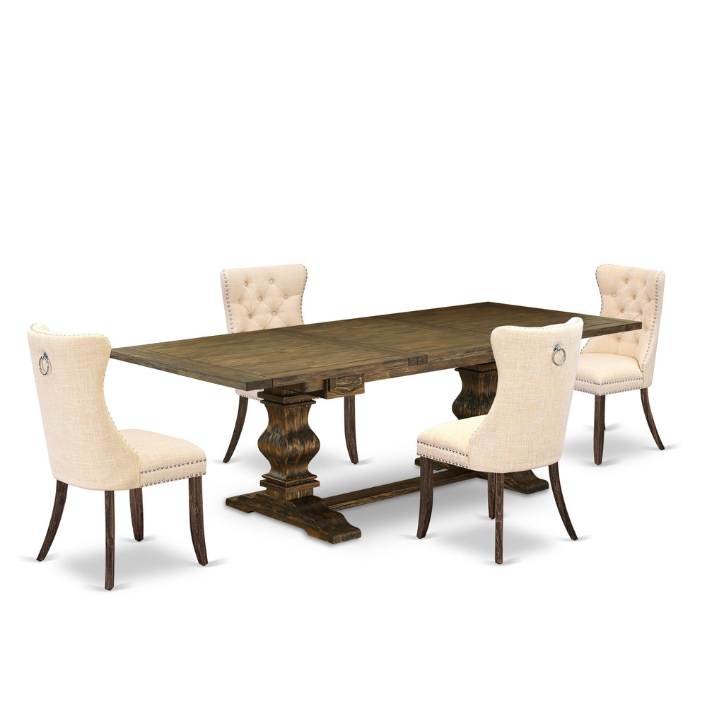 East West Furniture LADA5-07-T32 5 Piece Dining Table Set Contains a Rectangle Wooden Table with Removable leaf and 4 Upholstered Chairs, 42x92 Inch, Distressed Jacobean