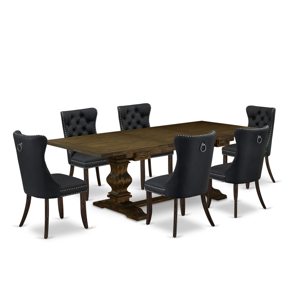East West Furniture LADA7-07-T12 7 Piece Dining Table Set Includes a Rectangle Wooden Table with Removable leaf and 6 Upholstered Chairs, 42x92 Inch, Distressed Jacobean