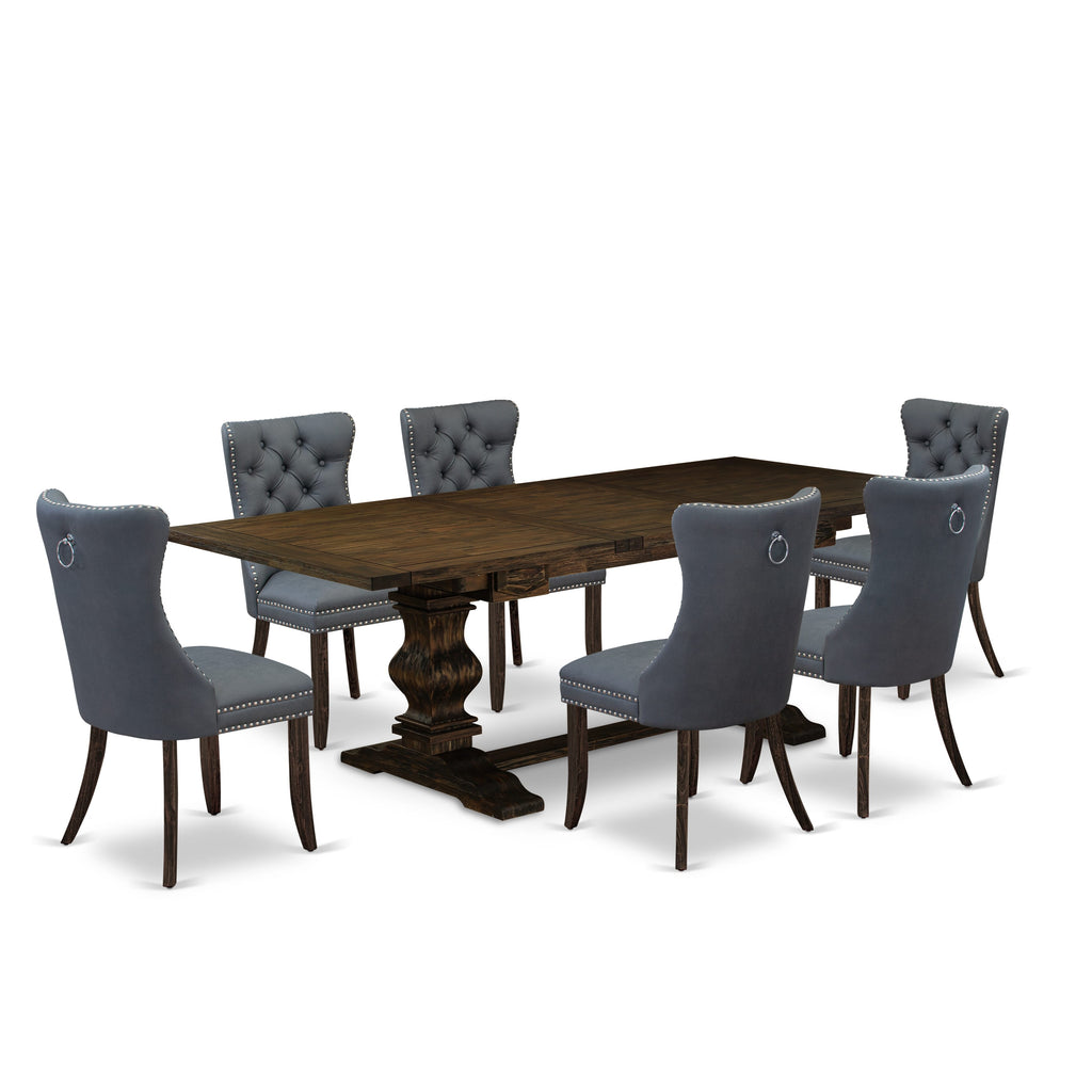 East West Furniture LADA7-07-T13 7 Piece Kitchen Set Contains a Rectangle Dining Table with Removable leaf and 6 Upholstered Chairs, 42x92 Inch, Distressed Jacobean