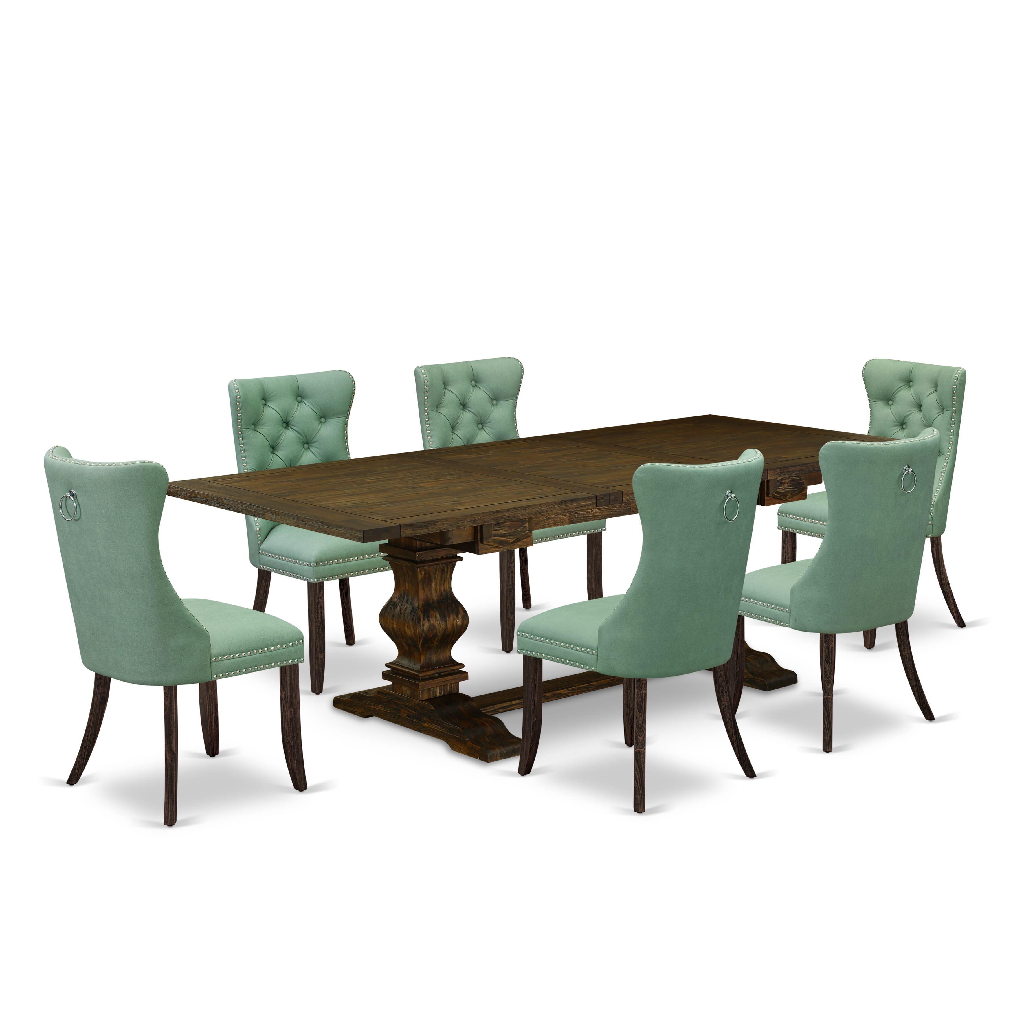 East West Furniture LADA7-07-T22 7 Piece Kitchen Set Consists of a Rectangle Dining Table with Removable leaf and 6 Upholstered Chairs, 42x92 Inch, Distressed Jacobean