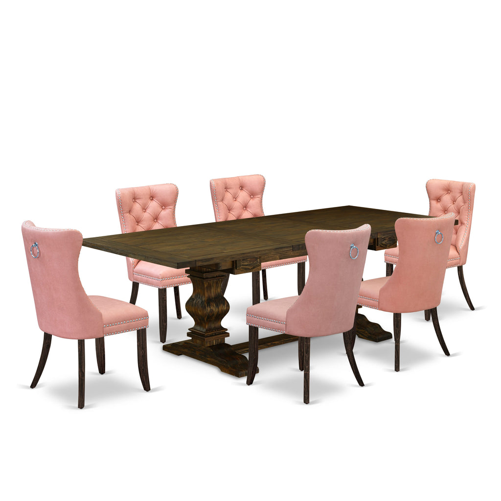 East West Furniture LADA7-07-T23 7 Piece Dining Set Includes a Rectangle Solid Wood Table with Removable leaf and 6 Upholstered Chairs, 42x92 Inch, Distressed Jacobean