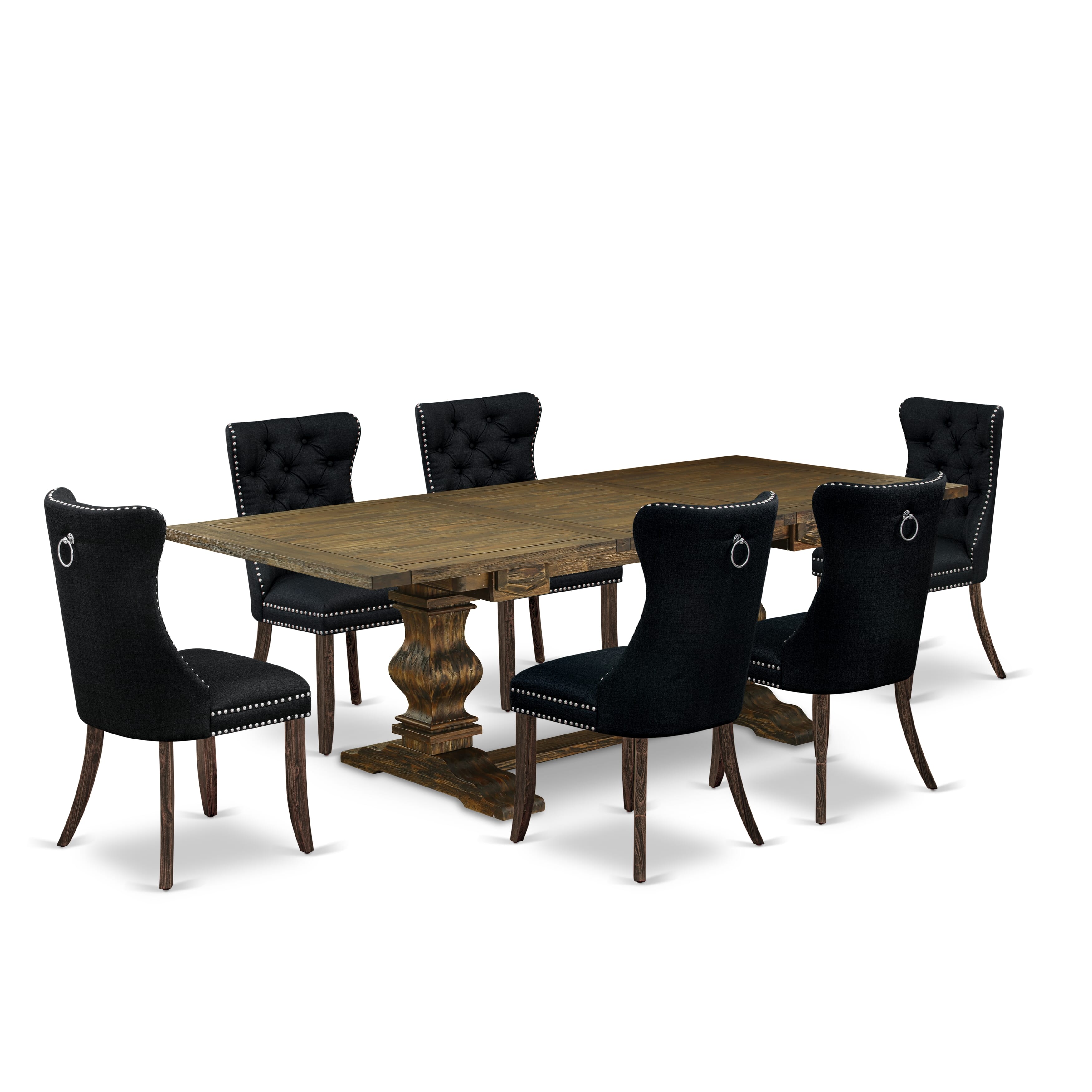 East West Furniture LADA7-07-T24 7 Piece Dining Table Set Includes a Rectangle Kitchen Table with Removable leaf and 6 Upholstered Chairs, 42x92 Inch, Distressed Jacobean