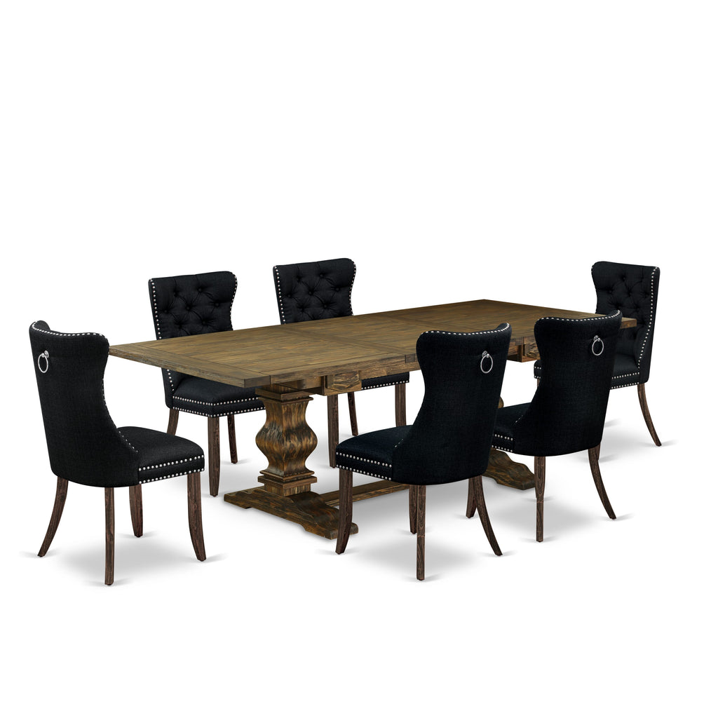East West Furniture LADA7-07-T24 7 Piece Dining Table Set Includes a Rectangle Kitchen Table with Removable leaf and 6 Upholstered Chairs, 42x92 Inch, Distressed Jacobean