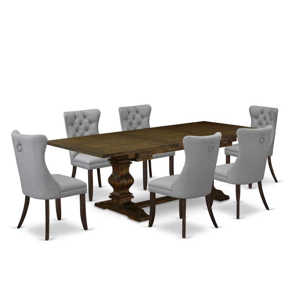 East West Furniture LADA7-07-T27 7 Piece Dining Set Includes a Rectangle Solid Wood Table with Removable leaf and 6 Upholstered Chairs, 42x92 Inch, Distressed Jacobean