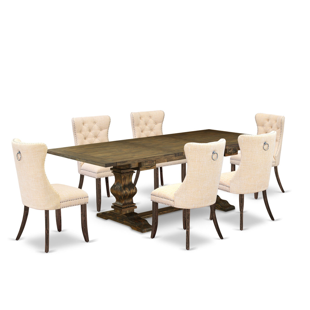 East West Furniture LADA7-07-T32 7 Piece Kitchen Set Consists of a Rectangle Dining Table with Removable leaf and 6 Upholstered Chairs, 42x92 Inch, Distressed Jacobean