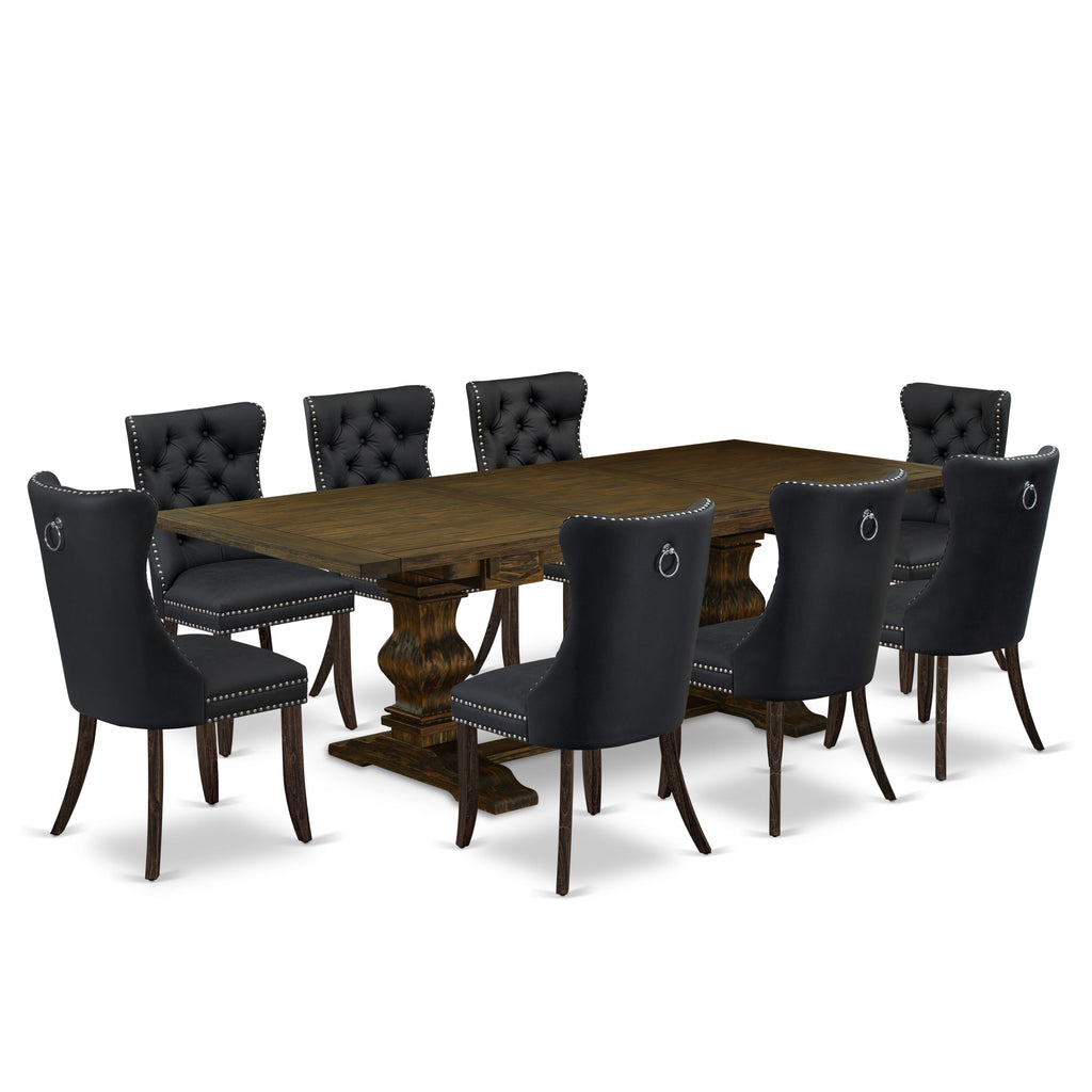 East West Furniture LADA9-07-T12 9 Piece Kitchen Table Set Includes a Rectangle Dining Table with Removable leaf and 8 Parson Chairs, 42x92 Inch, Distressed Jacobean