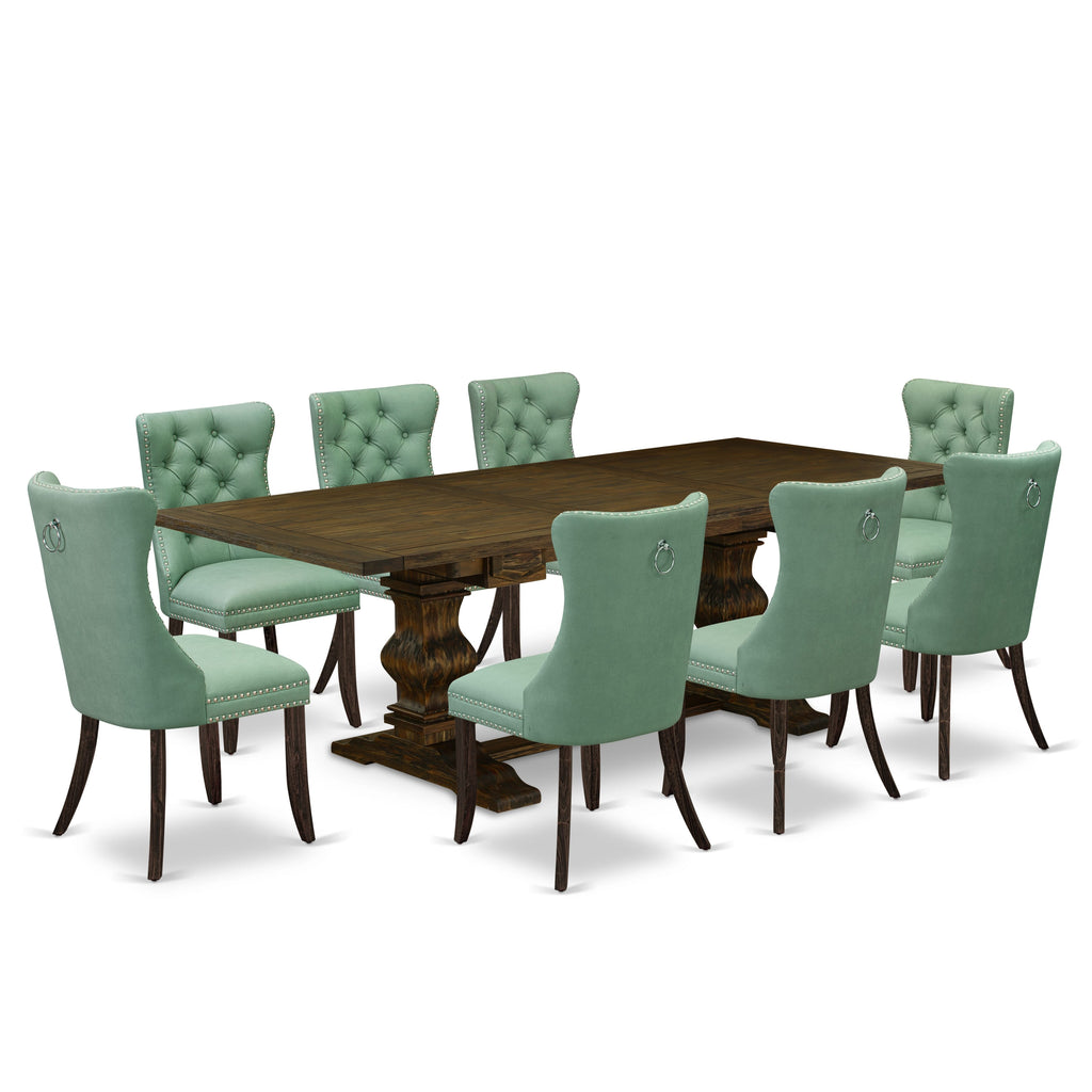 East West Furniture LADA9-07-T22 9 Piece Kitchen Set Includes a Rectangle Dining Table with Removable leaf and 8 Upholstered Chairs, 42x92 Inch, Distressed Jacobean