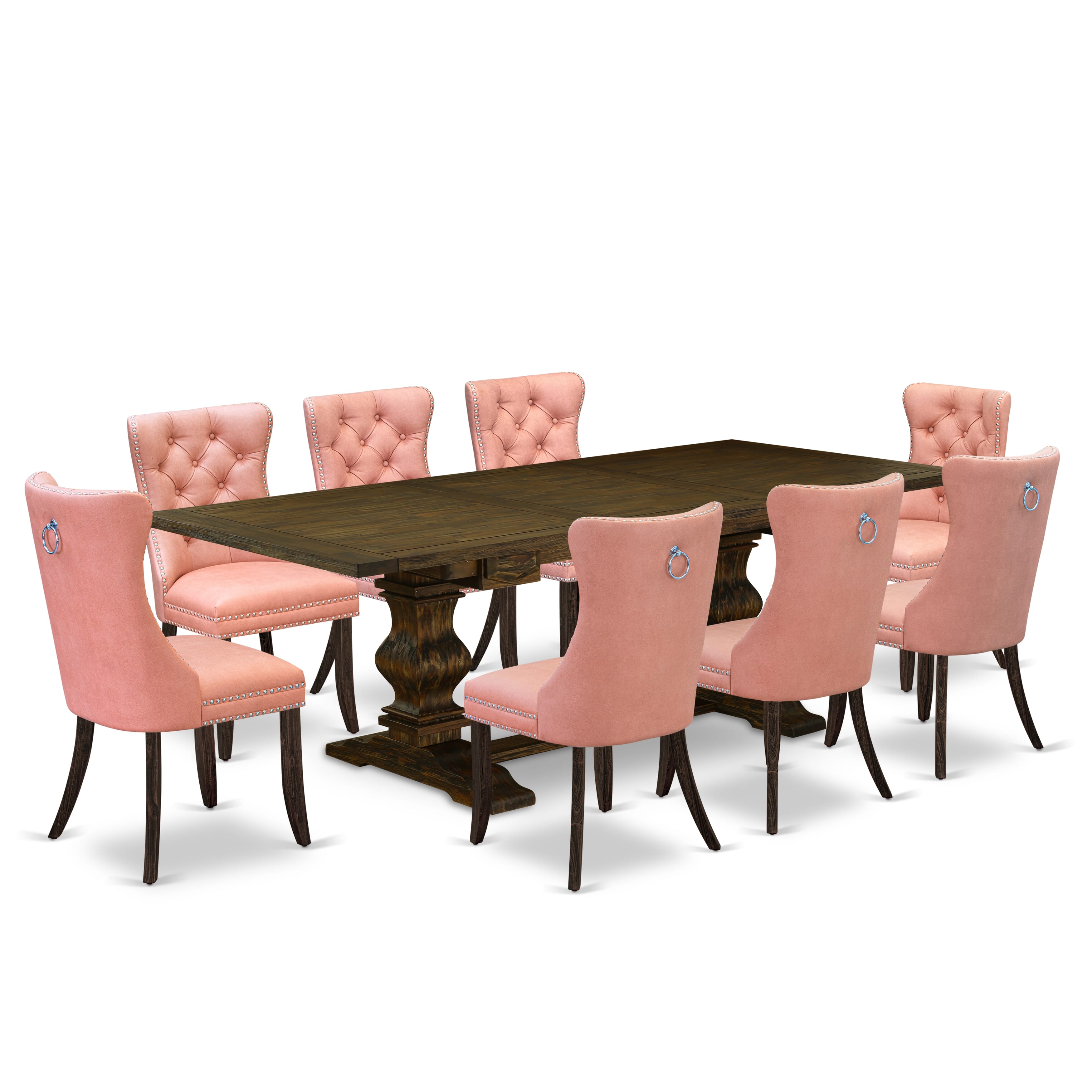 East West Furniture LADA9-07-T23 9 Piece Kitchen Set Consists of a Rectangle Dining Table with Removable leaf and 8 Upholstered Chairs, 42x92 Inch, Distressed Jacobean