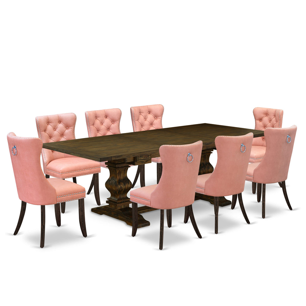East West Furniture LADA9-07-T23 9 Piece Kitchen Set Consists of a Rectangle Dining Table with Removable leaf and 8 Upholstered Chairs, 42x92 Inch, Distressed Jacobean