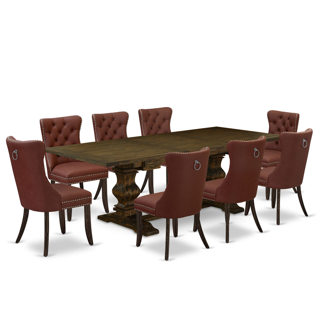East West Furniture LADA9-07-T26 9 Piece Dining Table Set Includes a Rectangle Kitchen Table with Removable leaf and 8 Upholstered Chairs, 42x92 Inch, Distressed Jacobean