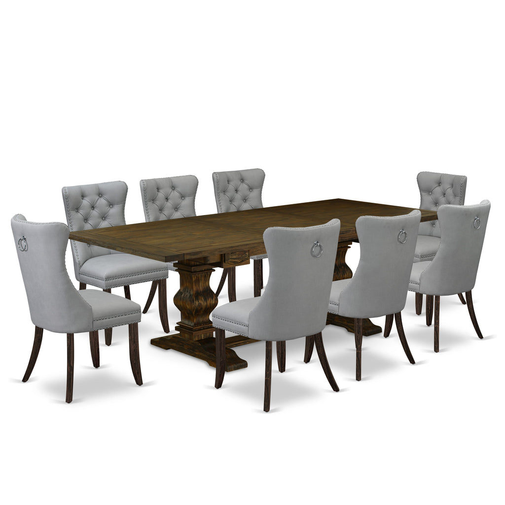 East West Furniture LADA9-07-T27 9 Piece Dinette Set Contains a Rectangle Dining Table with Removable leaf and 8 Upholstered Chairs, 42x92 Inch, Distressed Jacobean