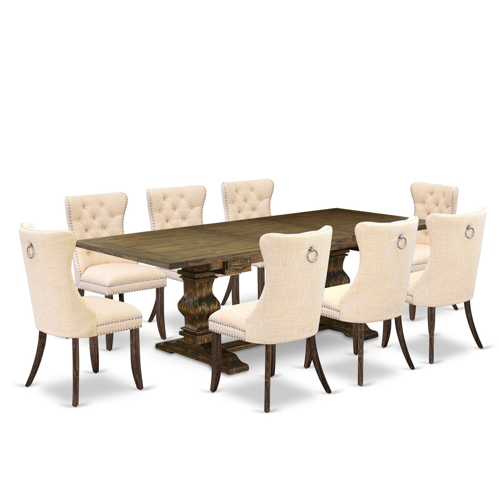 East West Furniture LADA9-07-T32 9 Piece Kitchen Set Includes a Rectangle Dining Table with Removable leaf and 8 Upholstered Chairs, 42x92 Inch, Distressed Jacobean