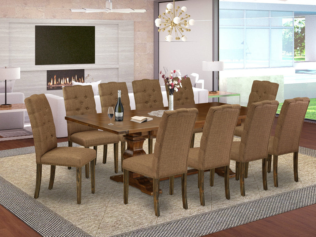 East West Furniture LAEL11-87-18 11-Pc Dining Set - A Removable leaf Double Pedestal Wooden Dining Table and 10 Brown Linen Fabric Dining Chairs with Button Tufted Back - Antique Walnut Finish