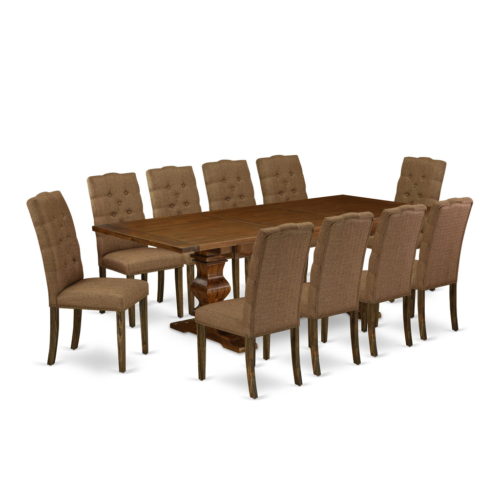East West Furniture LAEL11-87-18 11-Pc Dining Set - A Removable leaf Double Pedestal Wooden Dining Table and 10 Brown Linen Fabric Dining Chairs with Button Tufted Back - Antique Walnut Finish