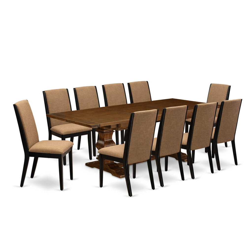 East West Furniture LALA11-81-47 11-Pieces Dinner Table Set - A Removable leaf Double Pedestal Dining Table and 10 Light Sable Linen Fabric Upholstered Chairs with High Back - Antique Walnut Finish