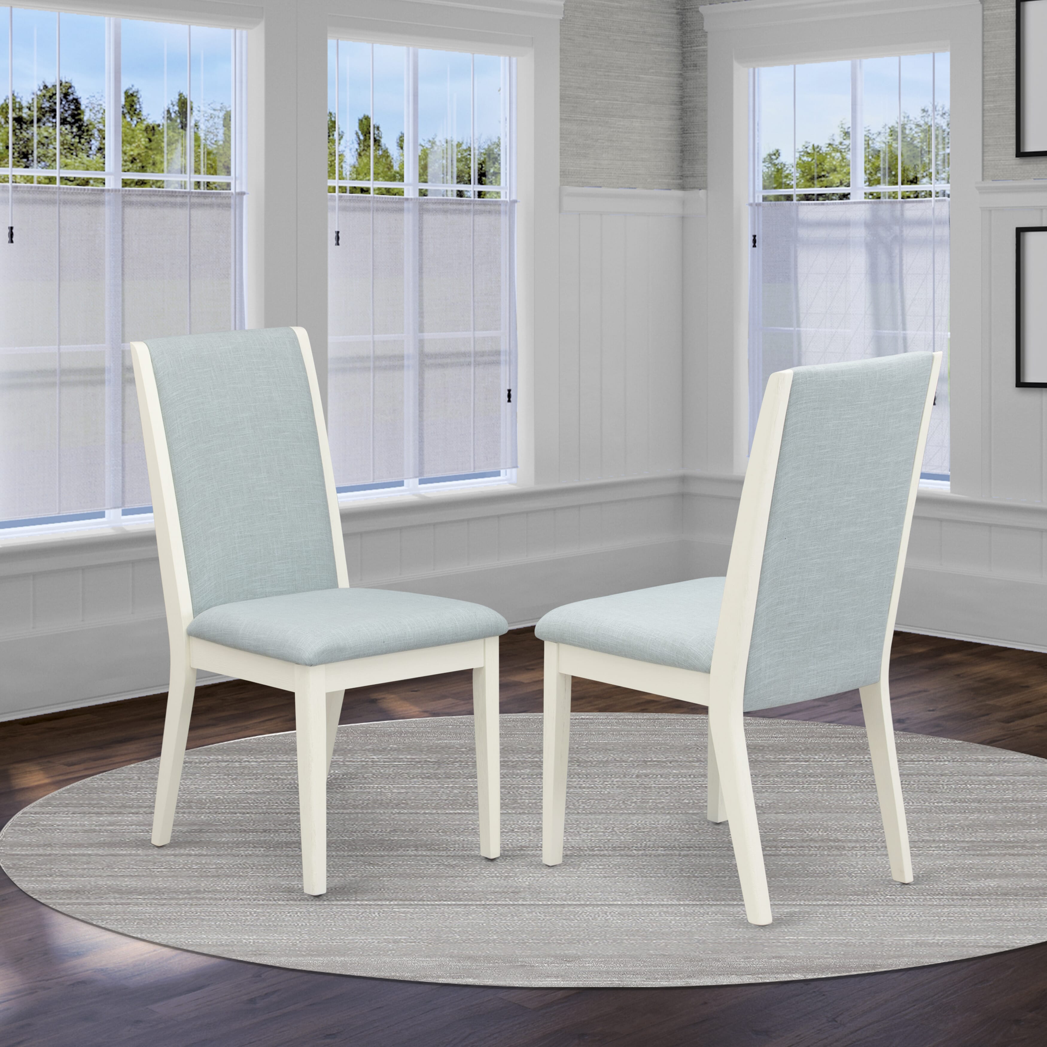 East West Furniture AMLA3-ABC-15 3 Piece Kitchen Table Set Contains 1 Mid Century Dining Table and 2 Baby Blue Linen Fabric Parson Chairs with High Back - Wire Brush Buttercream Finish