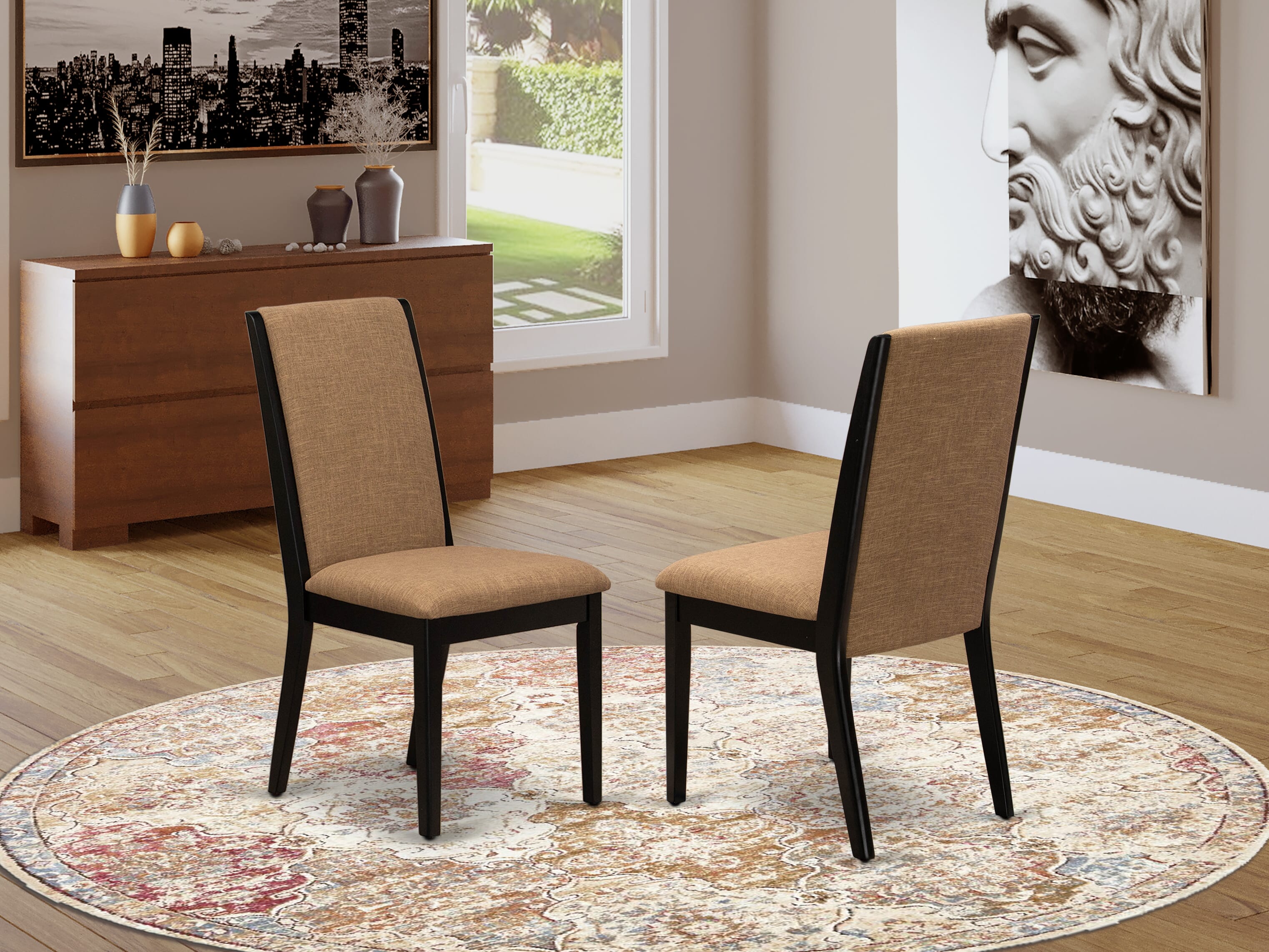 Luxe by East West Furniture NKLA5-SBB-47 5 Pieces Dining Room Set consists of a Rectangular Kitchen Table and 4 Light Sable Linen Fabric Dining Room Chairs with Black legs - Sand Blasting Black finish