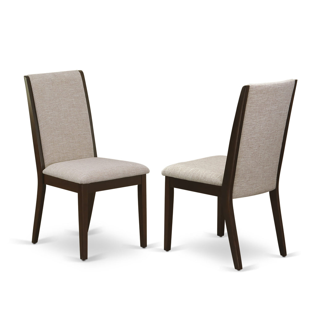 Juego de comedor de 5 piezas East West Furniture MZLA5-MAH-04. Incluye una mesa de comedor rectangular con alas abatibles y 4 sillas tapizadas en tela de lino color tostado claro.