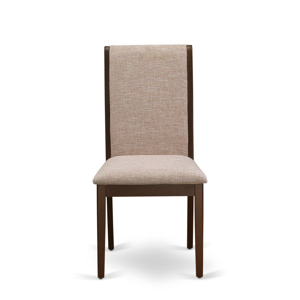 Juego de comedor de 5 piezas East West Furniture MZLA5-MAH-04. Incluye una mesa de comedor rectangular con alas abatibles y 4 sillas tapizadas en tela de lino color tostado claro.