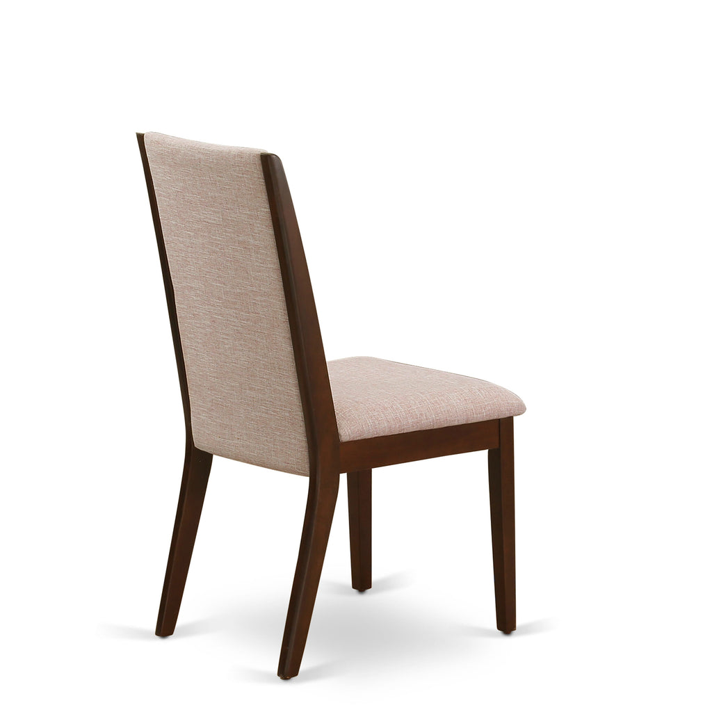 Juego de comedor de 5 piezas East West Furniture MZLA5-MAH-04. Incluye una mesa de comedor rectangular con alas abatibles y 4 sillas tapizadas en tela de lino color tostado claro.