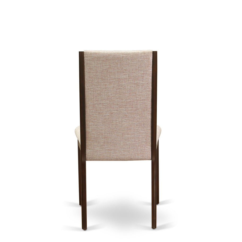 Juego de comedor de 5 piezas East West Furniture MZLA5-MAH-04. Incluye una mesa de comedor rectangular con alas abatibles y 4 sillas tapizadas en tela de lino color tostado claro.