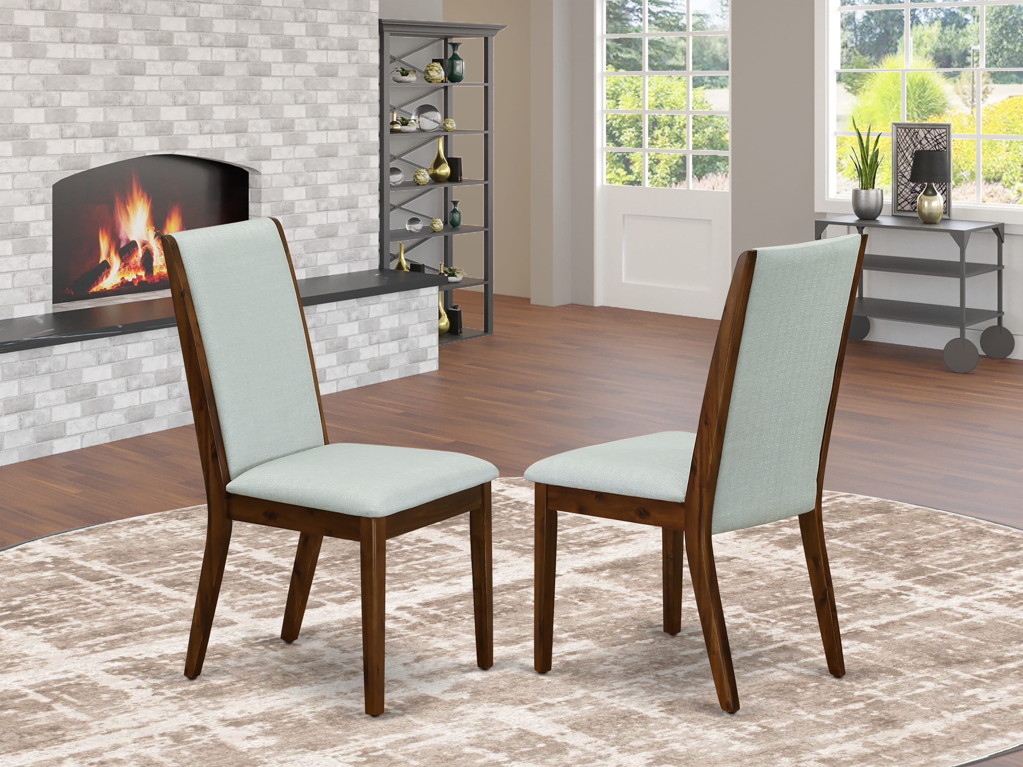 Luxe by East West Furniture I8LA7-40N-05 7-Pc Modern Dining Set consists of a Pedestal Dinner Table and 6 Grey Linen Fabric Dinner Chairs with High Back - Antique Walnut
