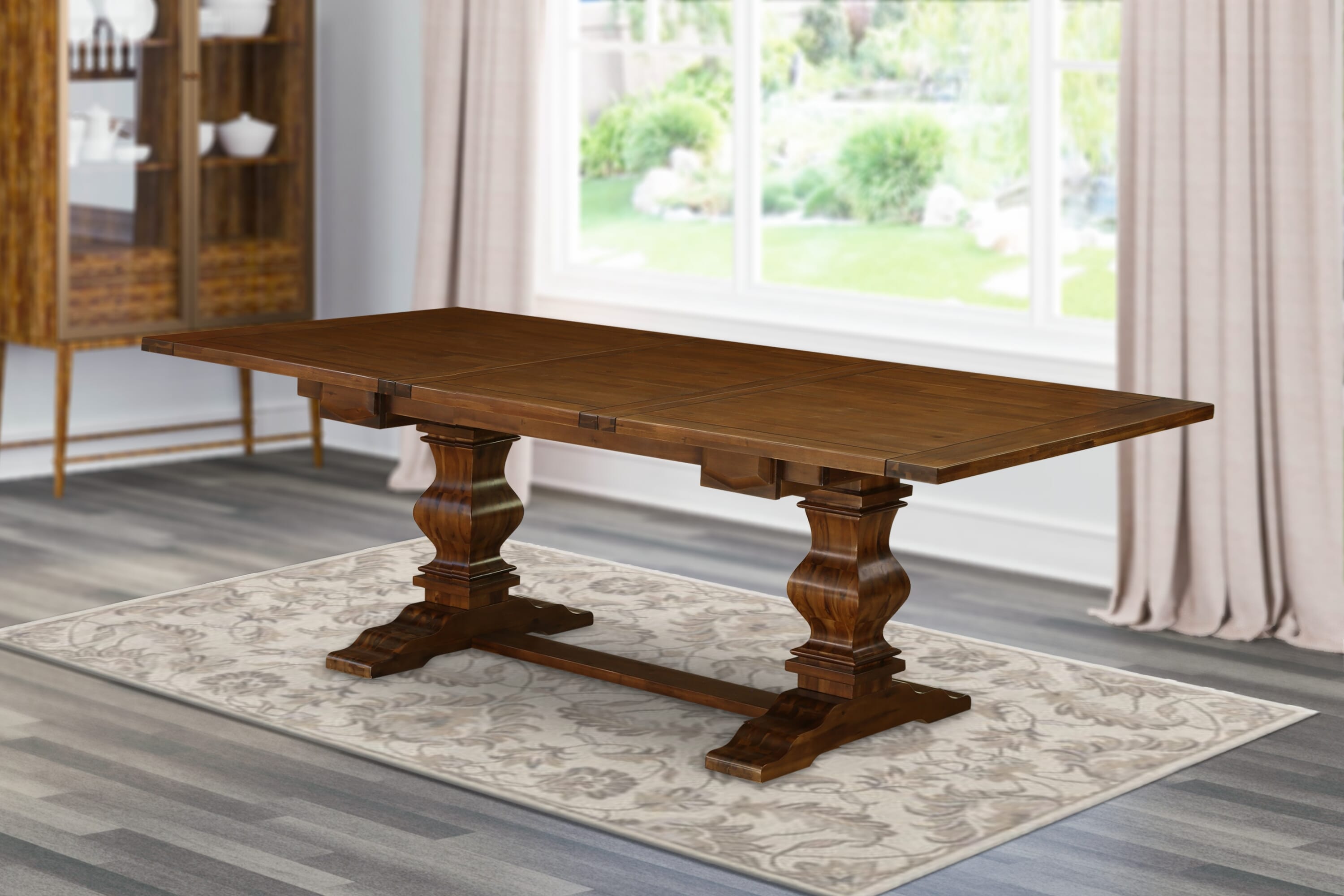 East West Furniture LALA11-81-47 11-Pieces Dinner Table Set - A Removable leaf Double Pedestal Dining Table and 10 Light Sable Linen Fabric Upholstered Chairs with High Back - Antique Walnut Finish