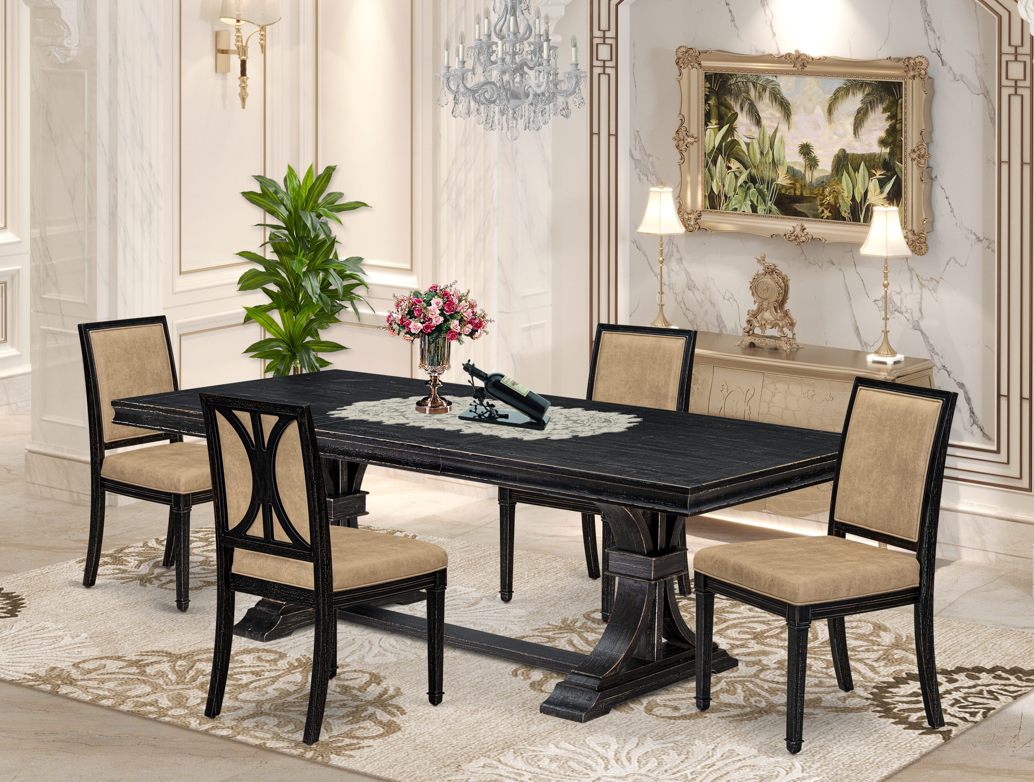 Luxe by East West Furniture LEAM5-SBB-28 5-piece Kitchen Table Set consists of a Dining Table and 4 Beige PU Leather Modern Dining Chairs with High Back - Sand Blasting Black Finish
