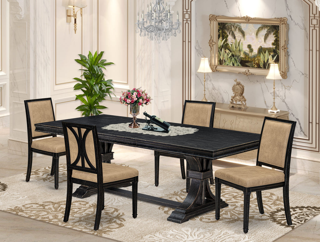 Luxe by East West Furniture LEAM5-SBB-28 5-piece Kitchen Table Set consists of a Dining Table and 4 Beige PU Leather Modern Dining Chairs with High Back - Sand Blasting Black Finish