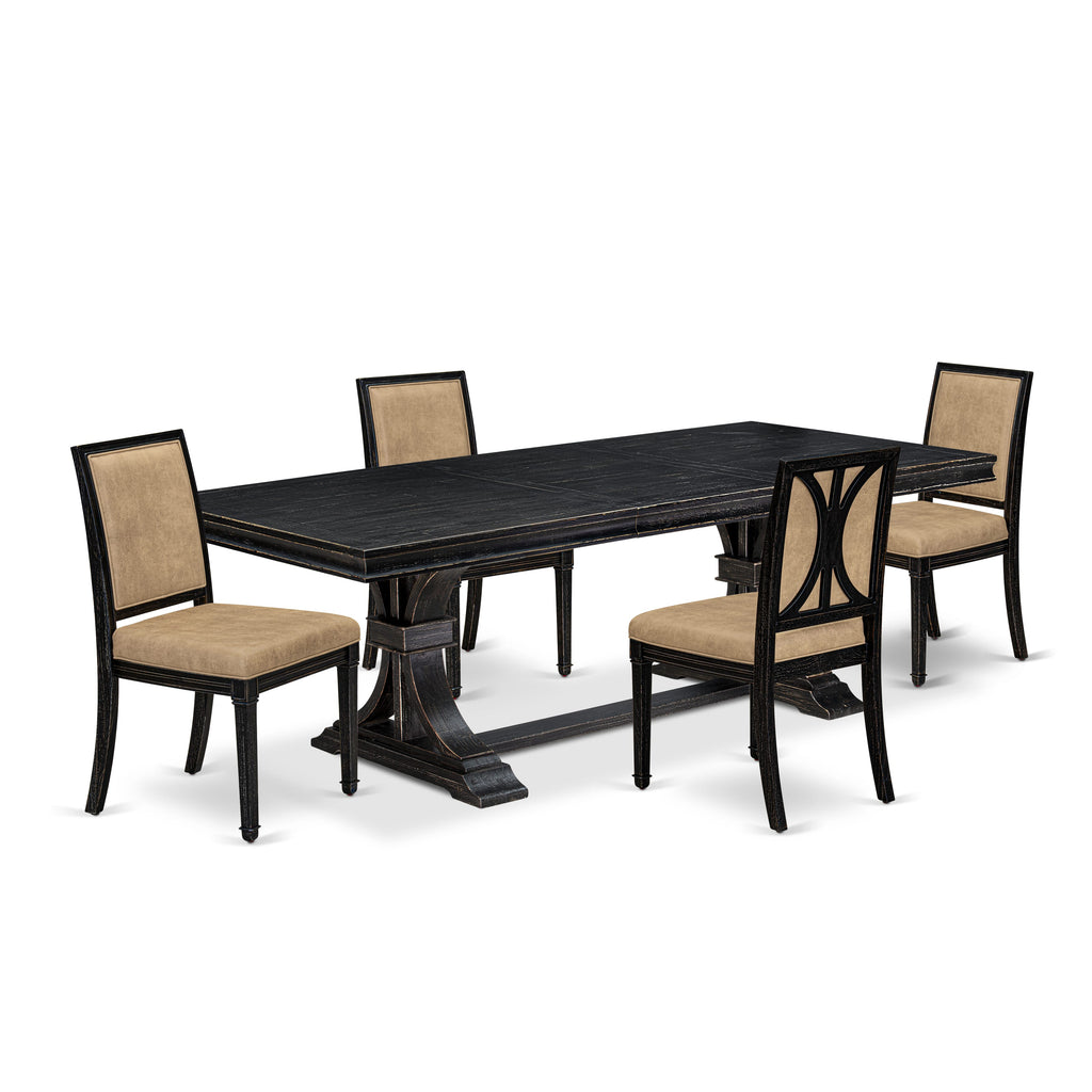 Luxe by East West Furniture LEAM5-SBB-28 5-piece Kitchen Table Set consists of a Dining Table and 4 Beige PU Leather Modern Dining Chairs with High Back - Sand Blasting Black Finish