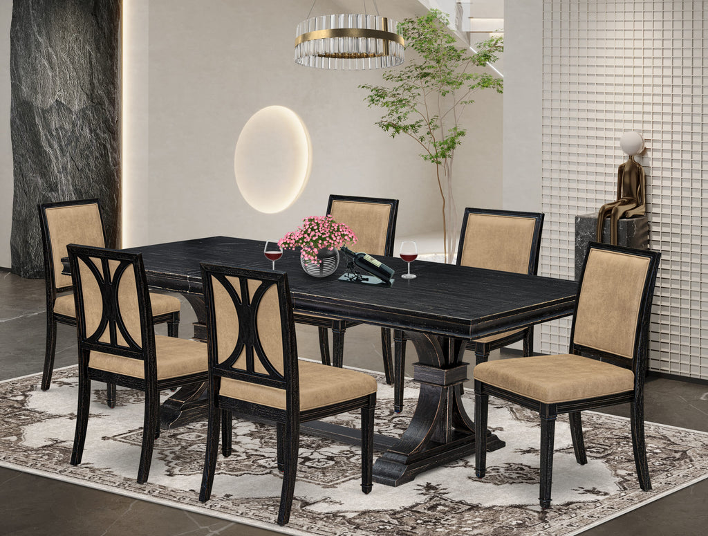 Luxe by East West Furniture LEAM7-SBB-28 7-piece Modern Dining Table Set includes a Kitchen Table and 6 Beige PU Leather Dining Chairs with High Back - Sand Blasting Black Finish