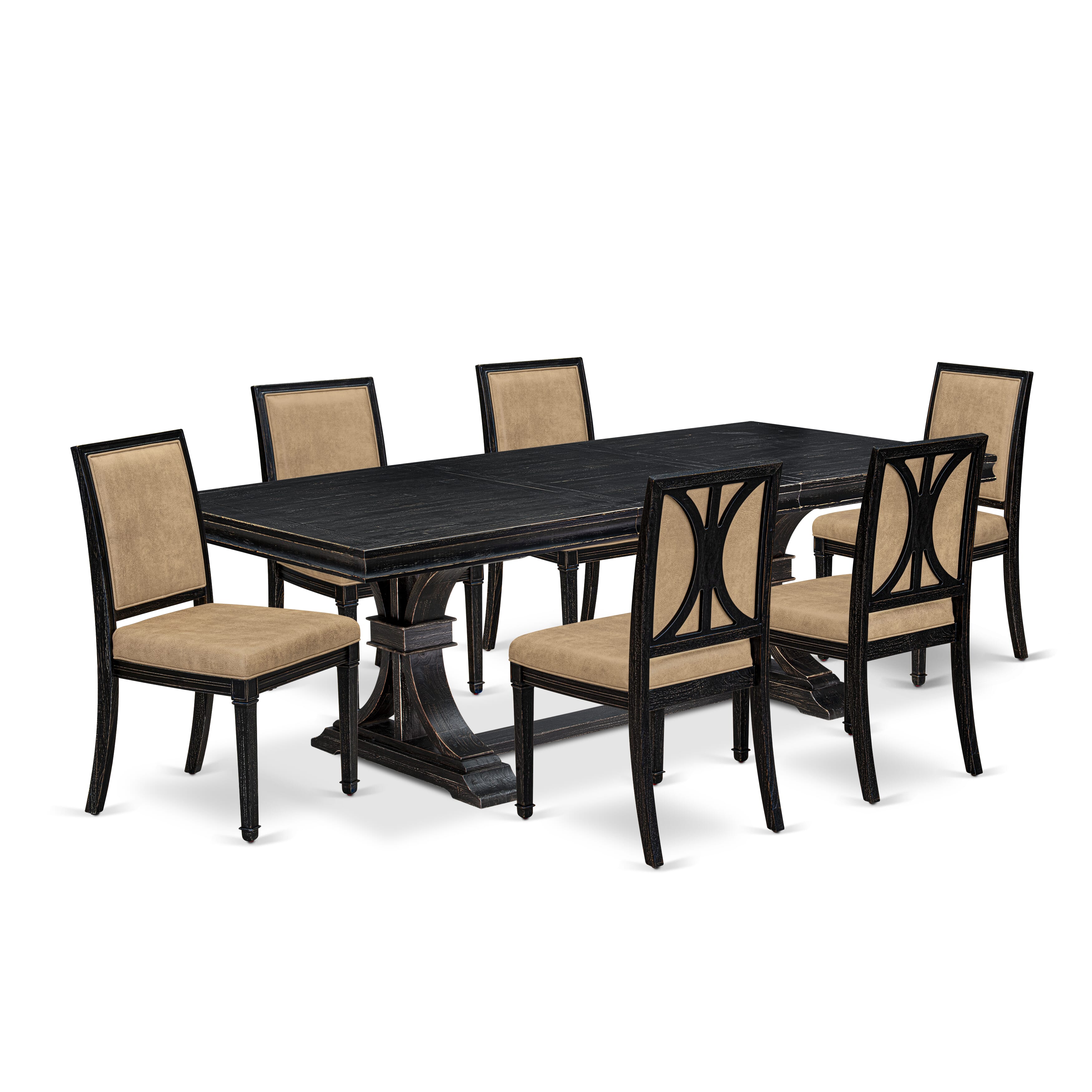 Luxe by East West Furniture LEAM7-SBB-28 7-piece Modern Dining Table Set includes a Kitchen Table and 6 Beige PU Leather Dining Chairs with High Back - Sand Blasting Black Finish