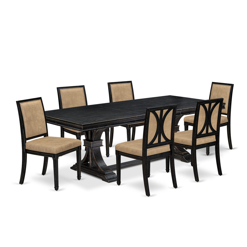 Luxe by East West Furniture LEAM7-SBB-28 7-piece Modern Dining Table Set includes a Kitchen Table and 6 Beige PU Leather Dining Chairs with High Back - Sand Blasting Black Finish