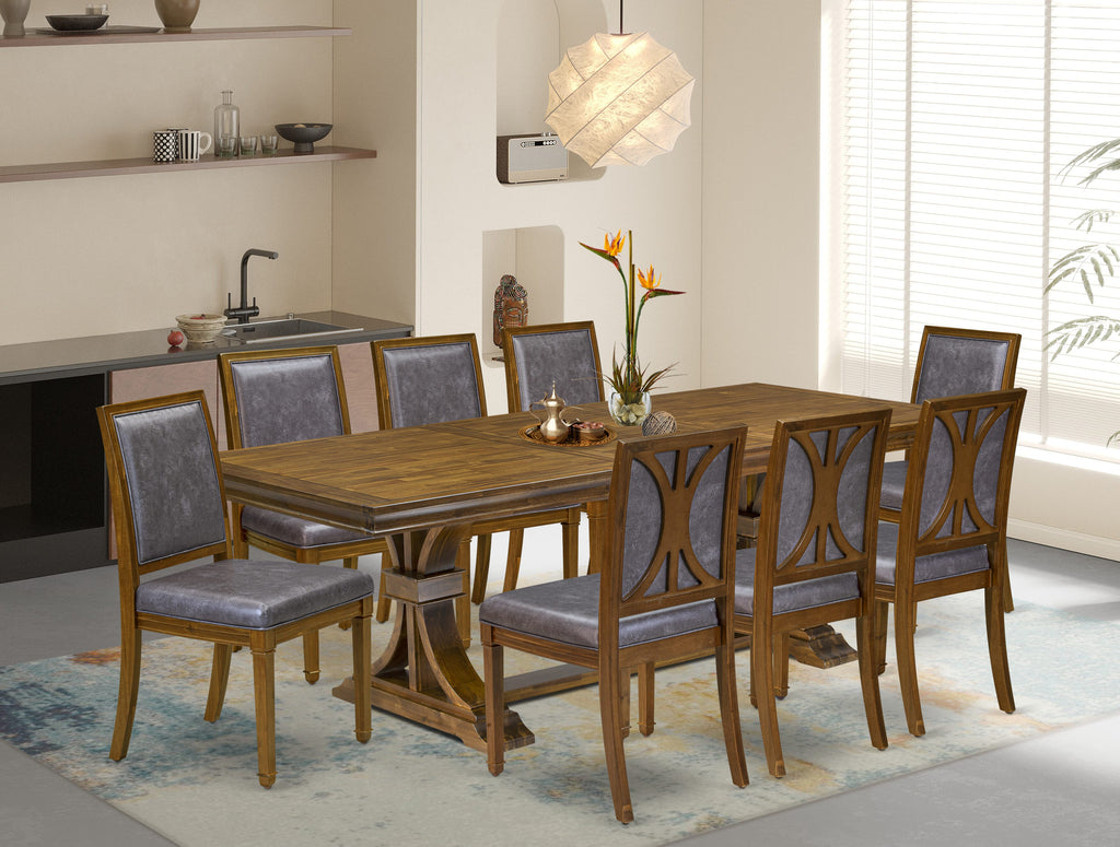 Luxe by East West Furniture LEAM9-AWA-34 9-piece Kitchen Table Set consists of a Dining Table and 8 Dark Grey PU Leather kitchen Chairs with High Back - Antique Walnut Finish