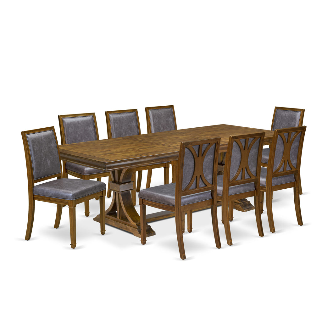 Luxe by East West Furniture LEAM9-AWA-34 9-piece Kitchen Table Set consists of a Dining Table and 8 Dark Grey PU Leather kitchen Chairs with High Back - Antique Walnut Finish