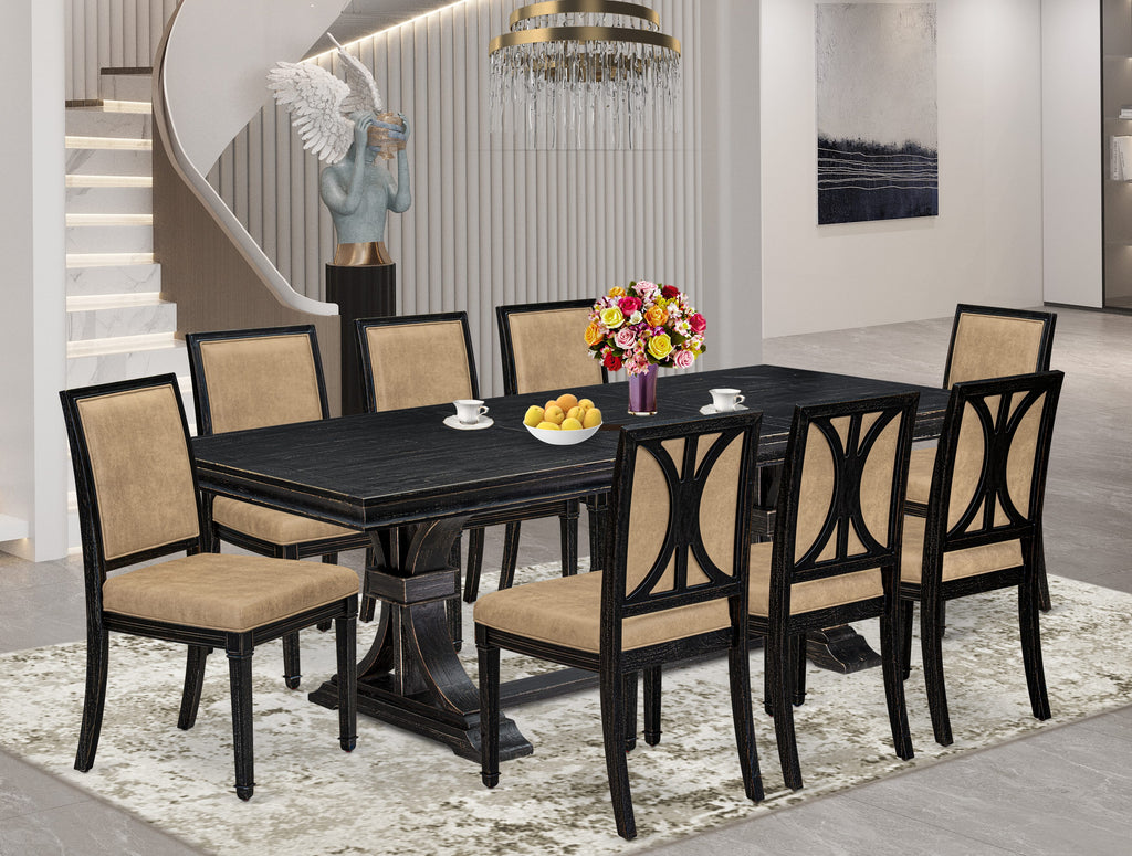 Luxe by East West Furniture LEAM9-SBB-28 9-piece Kitchen Table Set consists of a Dining Table and 8 Beige PU Leather Dining Chairs with High Back - Sand Blasting Black Finish