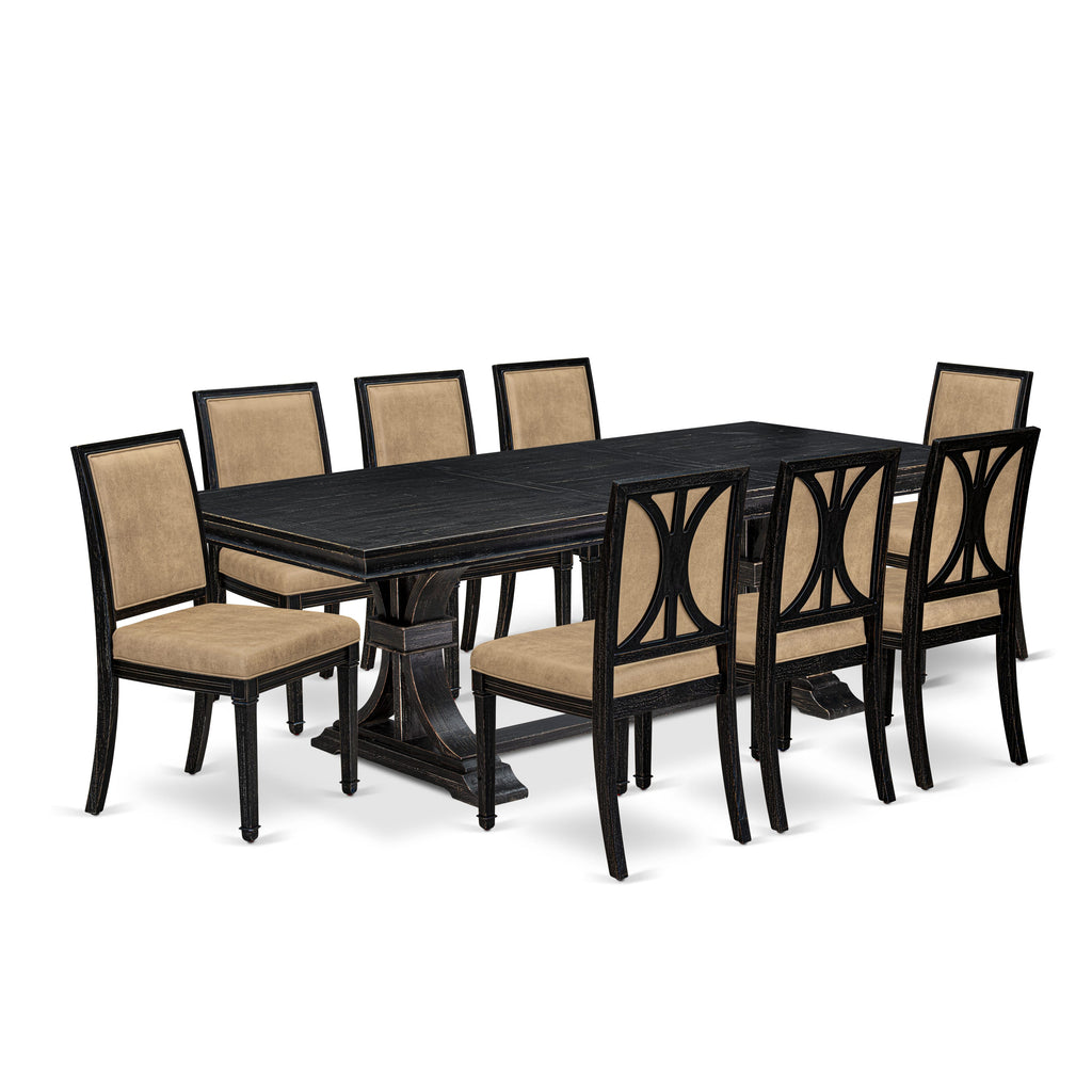 Luxe by East West Furniture LEAM9-SBB-28 9-piece Kitchen Table Set consists of a Dining Table and 8 Beige PU Leather Dining Chairs with High Back - Sand Blasting Black Finish