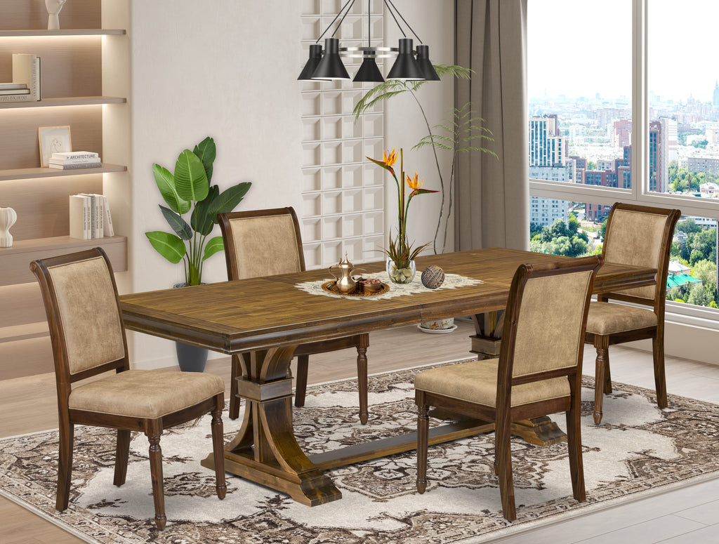 Luxe by East West Furniture LECY5-AWA-28 5-piece Modern Dining Table Set consists of a Kitchen Table and 4 Beige PU Leather Dining Chairs with High Back - Antique Walnut Finish