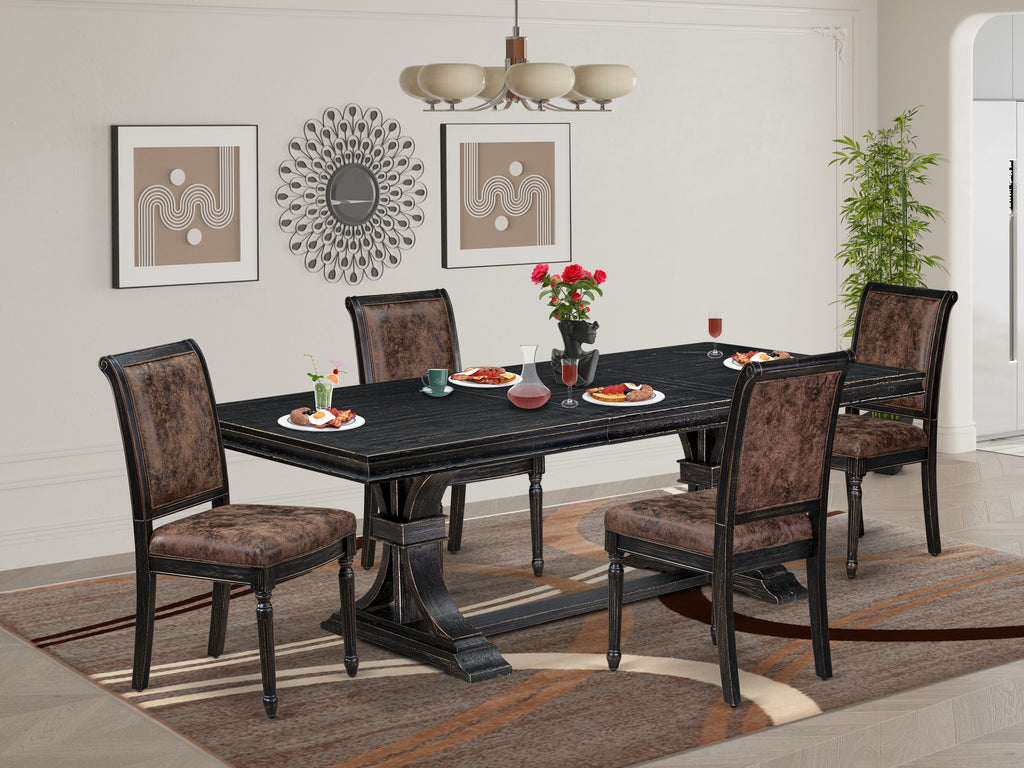 Luxe by East West Furniture LECY5-SBB-33 5-piece Kitchen Table Set consists of a Modern Dining Table and 4 Brown Textured PU Leather Dining Chairs with High Back - Sand Blasting Black Finish