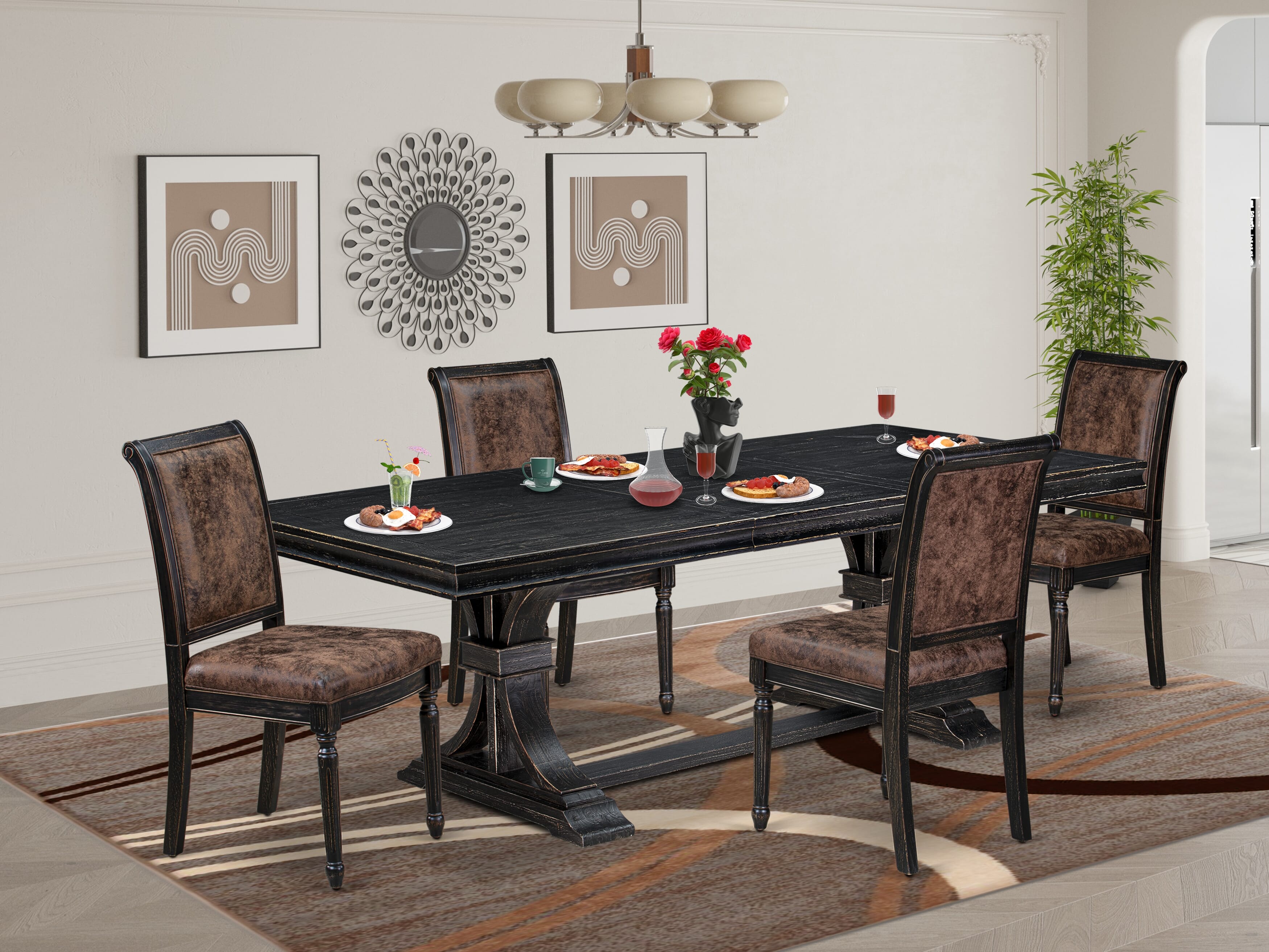 Luxe by East West Furniture LECY5-SBB-33 5-piece Kitchen Table Set consists of a Modern Dining Table and 4 Brown Textured PU Leather Dining Chairs with High Back - Sand Blasting Black Finish