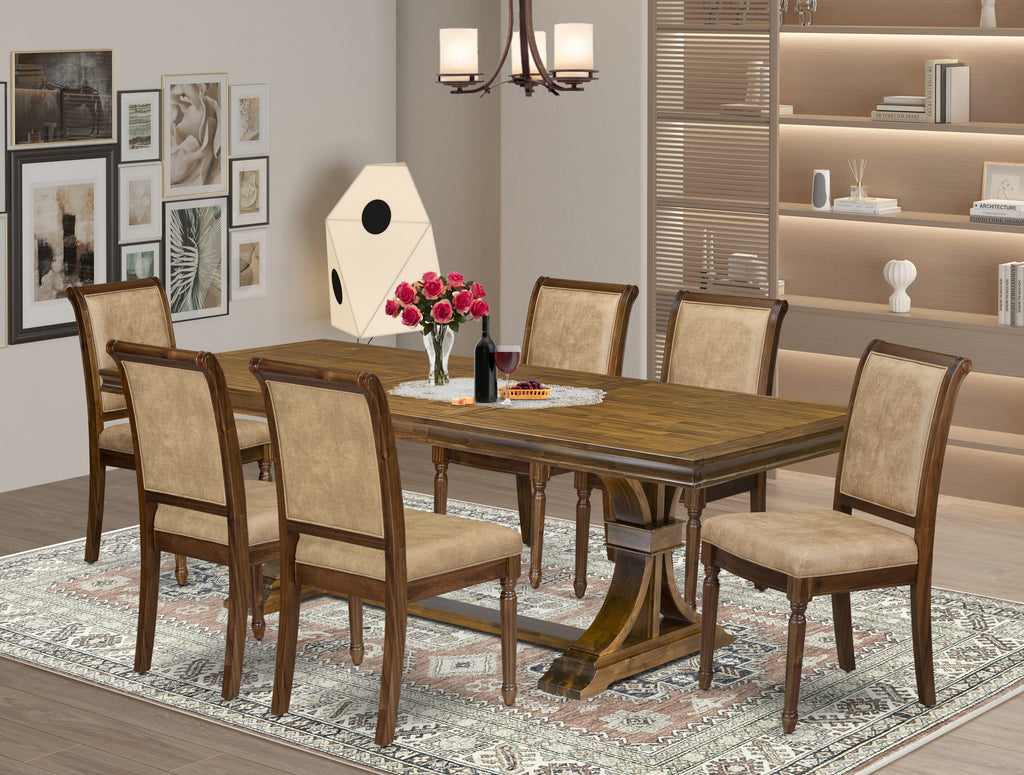 Luxe by East West Furniture LECY7-AWA-28 7-piece Dining Table Set includes a Kitchen Table and 6 Beige PU Leather Dinner Chairs with High Back - Antique Walnut Finish