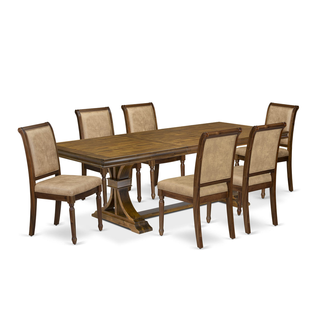 Luxe by East West Furniture LECY7-AWA-28 7-piece Dining Table Set includes a Kitchen Table and 6 Beige PU Leather Dinner Chairs with High Back - Antique Walnut Finish