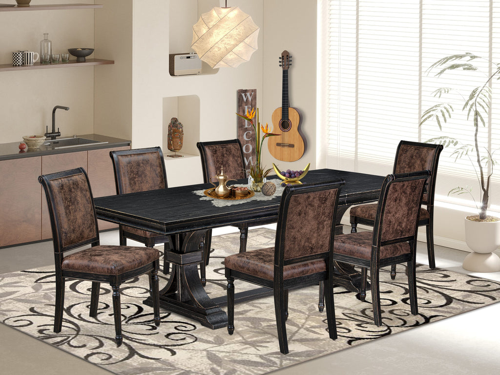 Luxe by East West Furniture LECY7-SBB-33 7-piece Modern Dining Table Set includes a Kitchen Table and 6 Brown Textured PU Leather Dinner Chairs with High Back - Sand Blasting Black Finish