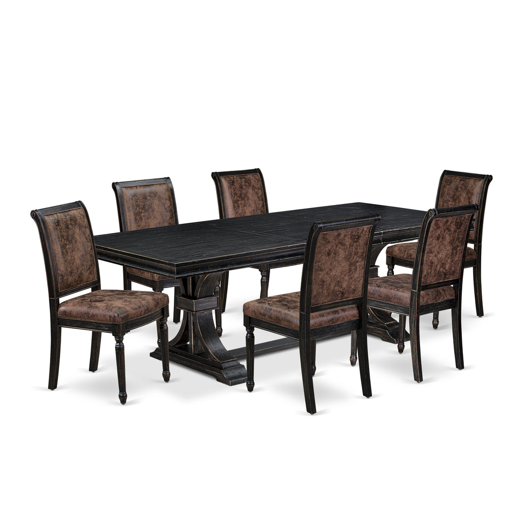 Luxe by East West Furniture LECY7-SBB-33 7-piece Modern Dining Table Set includes a Kitchen Table and 6 Brown Textured PU Leather Dinner Chairs with High Back - Sand Blasting Black Finish