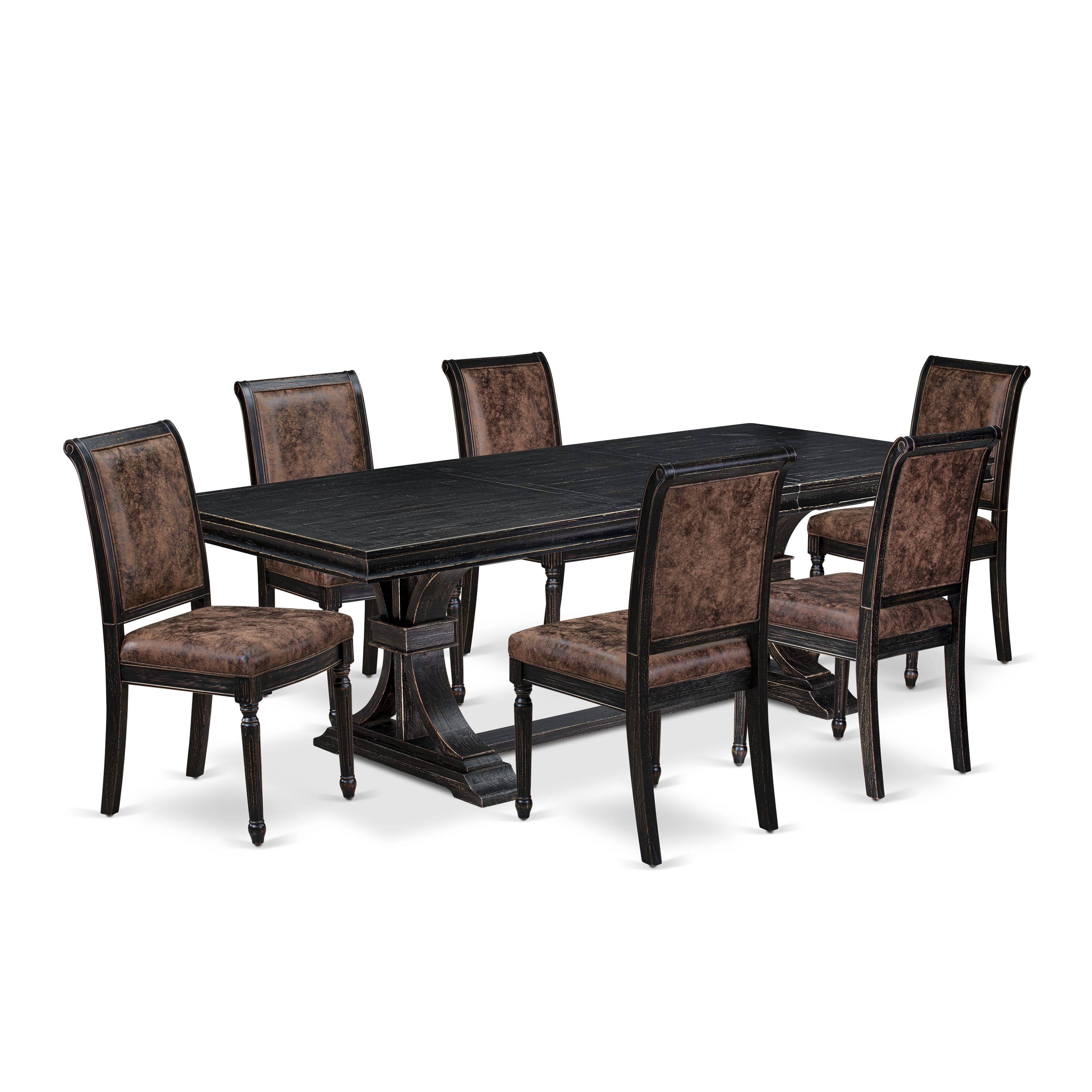 Luxe by East West Furniture LECY7-SBB-33 7-piece Modern Dining Table Set includes a Kitchen Table and 6 Brown Textured PU Leather Dinner Chairs with High Back - Sand Blasting Black Finish