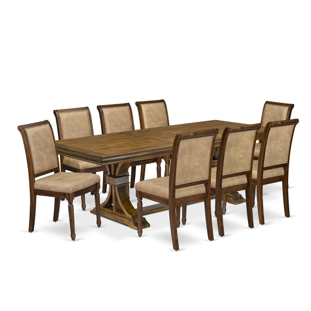 Luxe by East West Furniture LECY9-AWA-28 9-piece Dining Room Set consists of a Dining Table and 8 Beige PU Leather Kitchen Chairs with High Back - Antique Walnut Finish